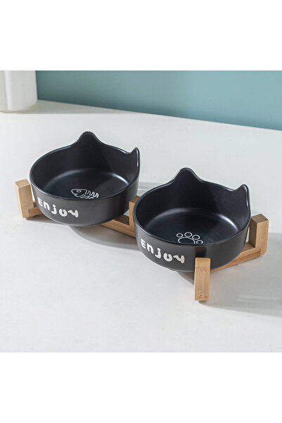 choice2 Black 3pcs/set (1pc rack + 2pcs bowl) Non-Slip Ceramic Double Pet Foo...