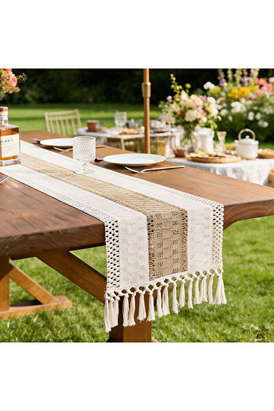 Choice1 30x120 Khaki 1pc Bohemian Crochet Table Runner - Beige &Khaki Tassele...