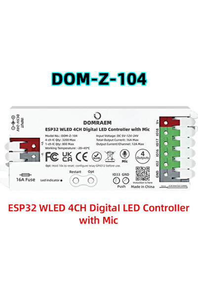 Choice 2 year ESP32 4CH with Mic DOMRAEM ESP32 WLED Controller 4CH 16A Fuse M...