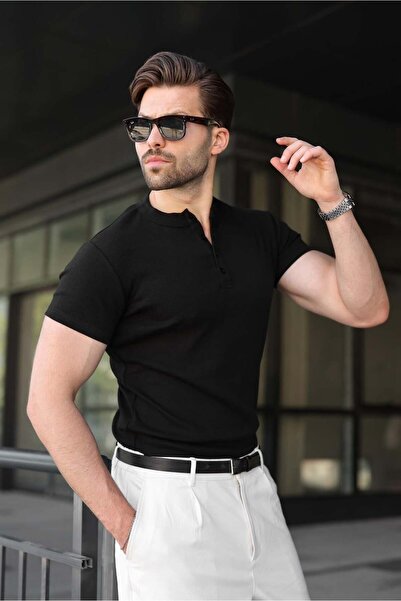 Madmext Black Slim Fit Judge Collar Knitwear Men's T-Shirt E7189