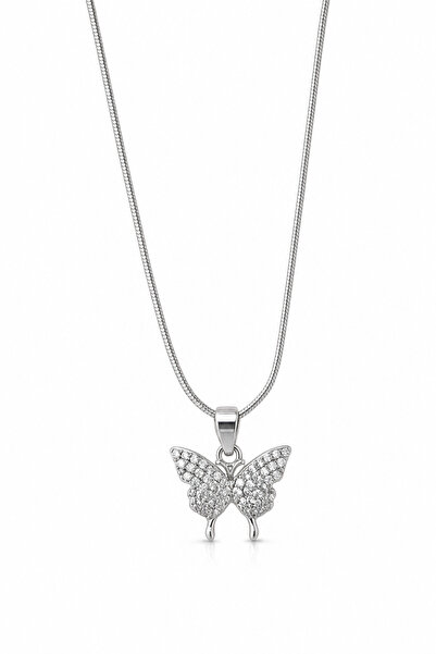 Jack Ferrero Gray Steel Necklace with Zircon Stone and Butterfly Figure - Sty...