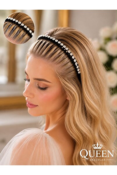 QUEEN AKSESUAR Black Velvet Scalloped Crystal Stone Stripe Row Crown Female C...