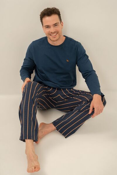 Arnetta Men's Navy Blue Embroidered Long Sleeve Pajama Set Ar3850-S-V1