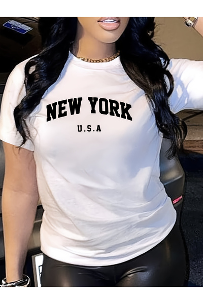 212Wear تي شيرت نسائي خفيف الوزن بطباعة حروف نيويورك - قميص كاجوال برقبة دائر...