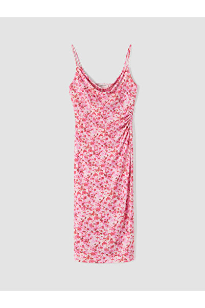 LC Waikiki Lcw Vision Pink Draped Collar Drawstring Strap Dress