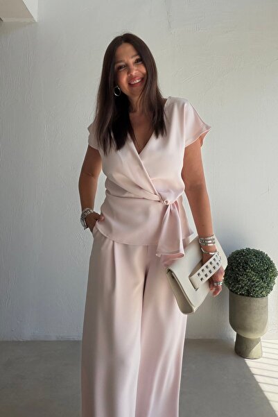 ELVAN TOLON Double-Breasted Draped Trousers Blouse Set Pudra