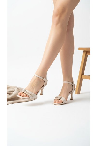 le NACAR Women's Beige Stone Buckle Detailed Ankle Belt Detailed Square Toe Thin Heeled Evening Dress Casual Sandals
