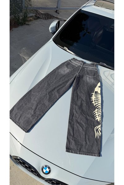 Violon Harajuku Y2K Fish Skeleton Pattern Black Baggy Jean Denim Pants