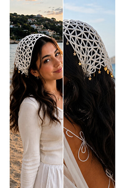 By esma eser Bohemian Bandana with Knitted Accessories - Cream