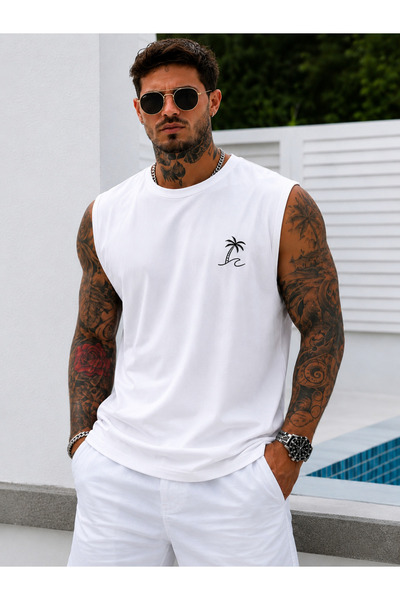 caddekombin Tricou / Tricou bej cu imprimeu minimalist cu palmieri, cu mâneci...