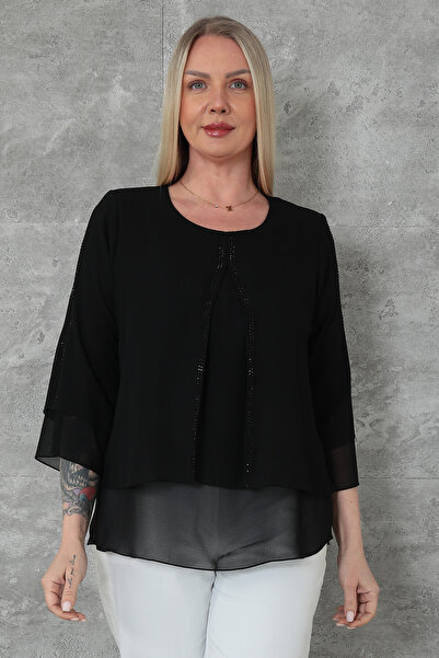 KİFAYET Plus Size Women's Blouse Double Layer Chiffon Front Stone Stripe Crew...