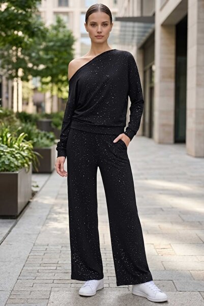 TOFİSA Σετ αθλητικής φόρμας Degaje Yaka Glittered Black - 28610-ΜΑΥΡΟ