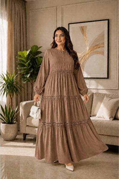 AZRA BUTİK Magnolia Pattern Lace Detailed Dress Caramel