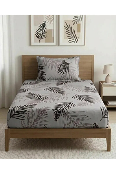 GOOD MORNİNG PAMUKKALE Single Gray Feather Patterned Elastic Sheet Set 100X20...