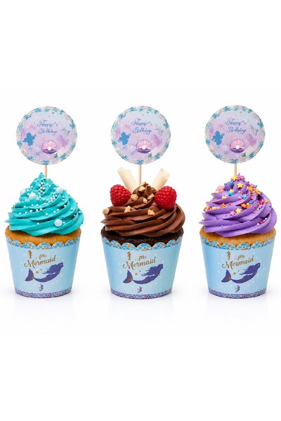 Bkmc Set de decorare pentru cupcake-uri cu sirenă, 8 forme pentru cupcake + 8...