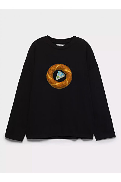 Disante 100% Cotton Oversize Fit Simit Printed - Crew Neck Long Sleeve T-Shirt