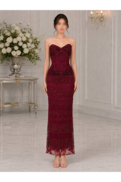 Nobrand Burgundy Long Sleeves Beading Sequins Luxury Design Evening Dress