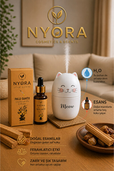 NYORA Palo Santo Esansiyel Yağ 20 ml ve Kedi Difüzör Hava Nemlendirici Aromat...