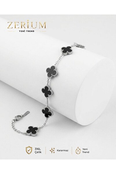 ZERİUM Four Leaf Design Women's Steel Bracelet Elegant Design Silver Black