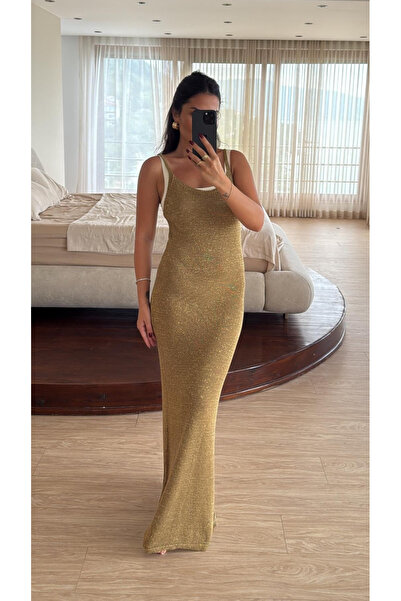 My Blog Khaki Gold Glittery Strap Dress - Te251004