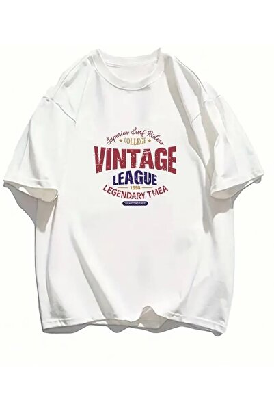 Vordevia Vintage Printed White Oversize Unisex T-Shirt Basic Comfortable Fit ...