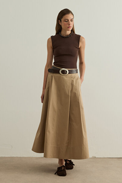 Jolamier Camel Lena Dikiş Detaylı Poplin Etek