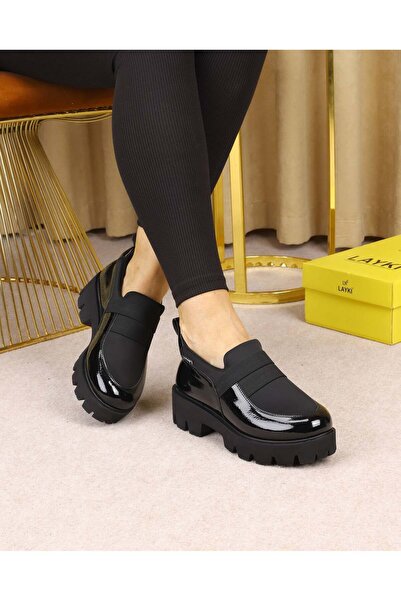 layki Perra Women's Black Patent Leather Elastic Parachute Hiking Shoes