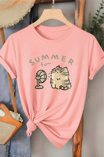 l'eivor Tricou din bumbac pentru femei Summer Fan Cat Printed