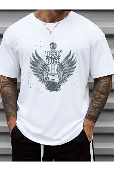 NOURAM Rock N Roll Wings Music Plain T-Shirt | 100%, White, Crew Neck, Short ...