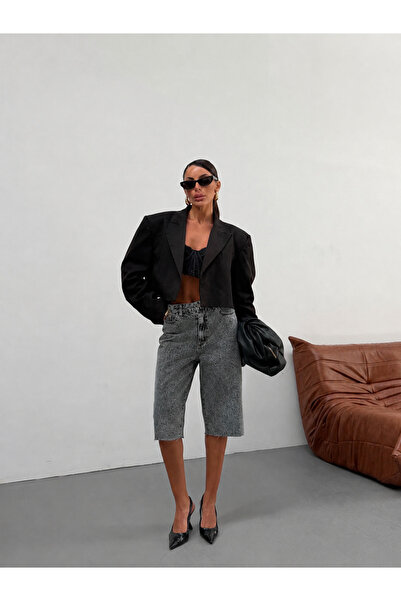 KENE JEANS Pantaloni scurți lungi din denim/jean, negri, cu tiv tăiat