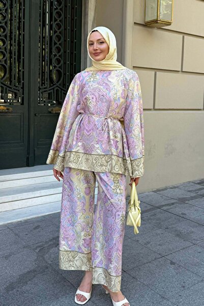 Modaensarbutik Modern Empirme Baskılı Saten Tesettür Takım-SARI