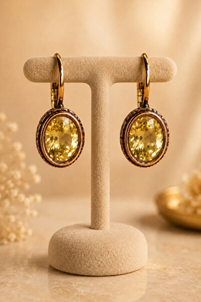 OSMANLI GÜMÜŞ Women's Earrings Copper Yellow Citrine Natural Stone Oval Model...
