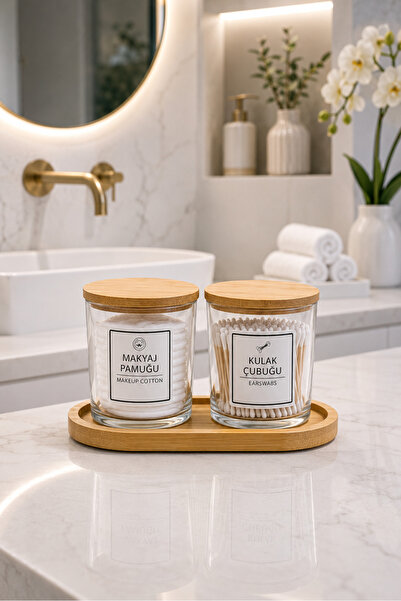 Denia Home Nuvia Set of 2 Bathroom Glass Jars with Bamboo Lids and Stands Dec...