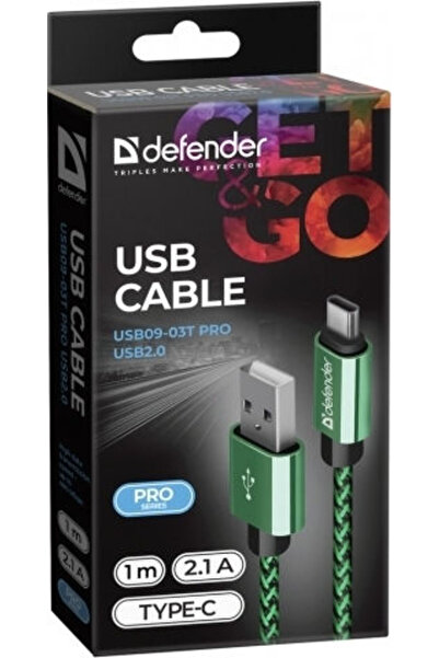 Defender Cablu USB 2.0 împletit, USB Type-C tată la USB-A, verde, 1m