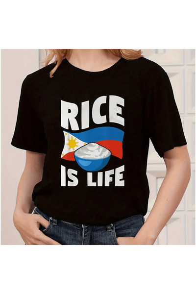 212Wear Ladies' black T-shirt short sleeved pure cotton print fun "RICE IS LI...