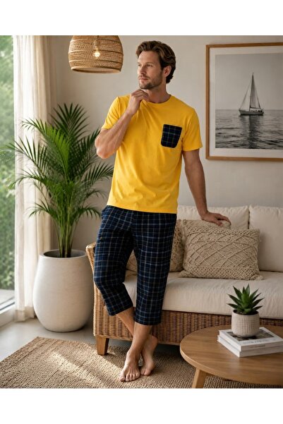 İpek Men's Short Sleeve Crew Neck 100% Cotton Capri Pajama Set