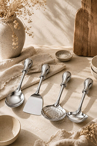Anadolu Saray 4 Piece Steel Serving Set Ladle Colander Spatula Serving Spoon ...