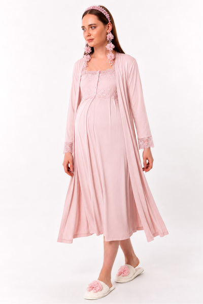ByLohusa Cotton Maternity Nightgown and Dressing Gown Set with Nursing Features Effortt - Powder