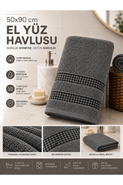 nnevora Antrasit Gri 50x90 cm El Yüz Havlusu %100 Pamuk Yumuşak Dokulu Yüksek...