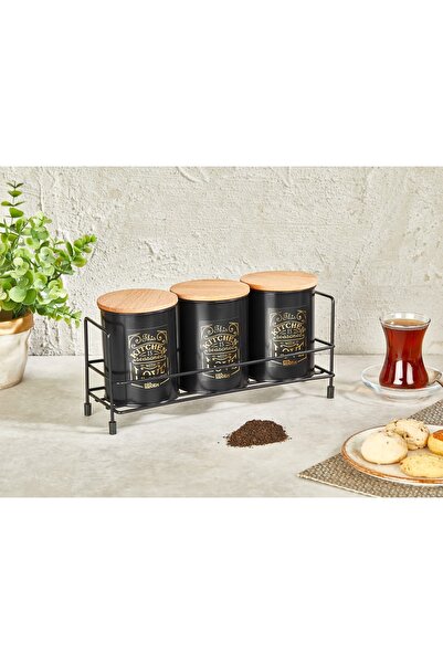Dem Home Ahşap Kapaklı METAL 3'lü Saklama Kabı - Tezgah Üstü Baharatlık Siyah...