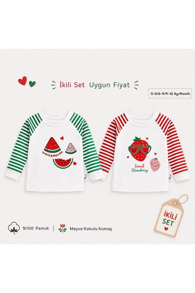 BEFS STORE ÇİLEK ve KARPUZ Kokulu 2'li set Renglan Kol % 100 PAMUK 0-9 Ay Swe...
