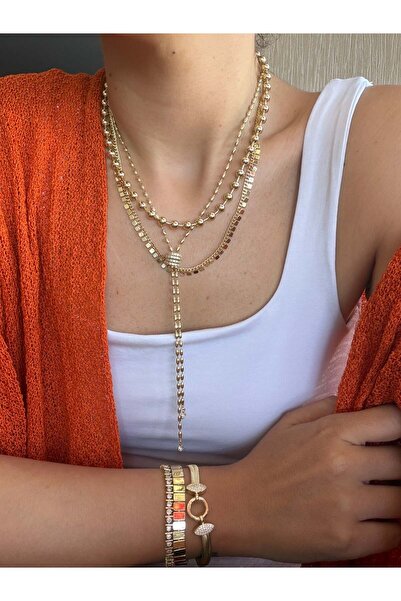 DGK COLLECTİON 14K gold renk,altın kaplama zirkon taşlı kare pul zincir,büyük...