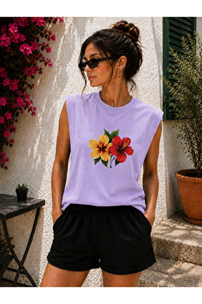 caddekombin Zero Sleeve Floral Printed Cotton Combed Crew Neck T-Shirt