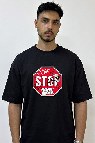 Anetos Stop Graffiti Design T-shirt sa štampanim dizajnom, velika crna majica