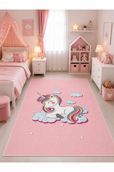 GNL HOME Unicorn Desenli Dijital Baskı Kaymaz Taban Yıkanılabilir Kız Çocuk O...