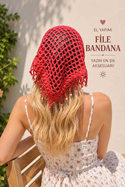 EG BAGS File El Örgüsü Bandana Yazlık Delikli Saç Bandanası Plaj Uyumlu Kırmızı