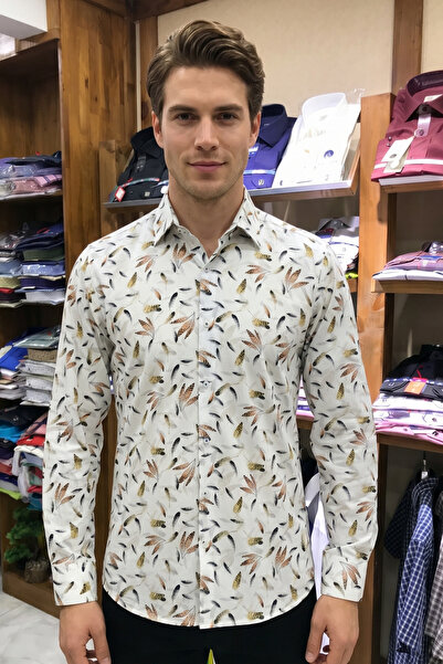 Erkek Dijital Baskılı Slim Fit Pamuklu Uzun Kollu Gömlek