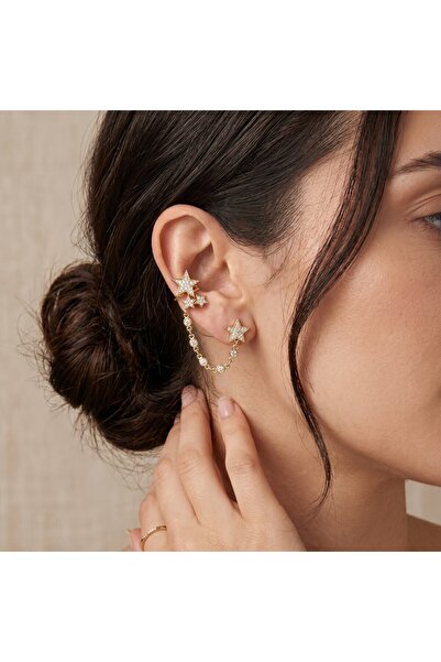 FaWerStudio Yıldız Model Zincirli Gold Kaplama Kıkırdak Küpe (Earcuff)