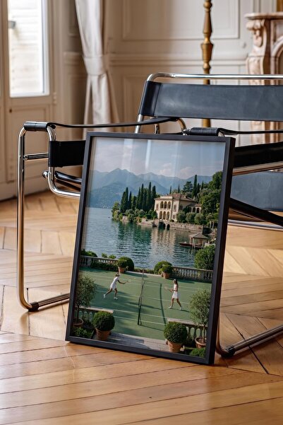 Postifull Tennis Court and Lake View Poster, Black Framed Poster, Old Money S...