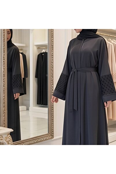 zeynep uyanık Medina Silk Nedâ Black Ferace with Drop Sleeve Detail and Hidde...